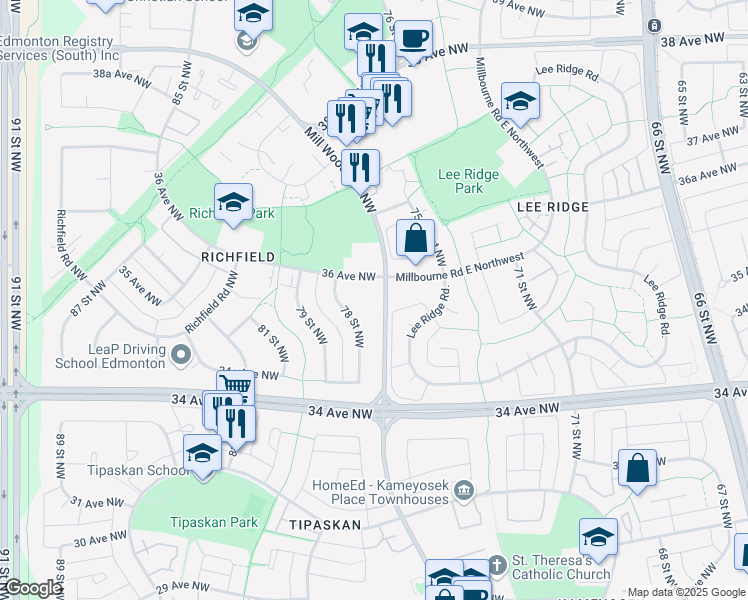 map of restaurants, bars, coffee shops, grocery stores, and more near 3530 Mill Woods Road Northwest in Edmonton