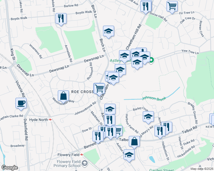 map of restaurants, bars, coffee shops, grocery stores, and more near Cheetham Hill Road in Greater Manchester