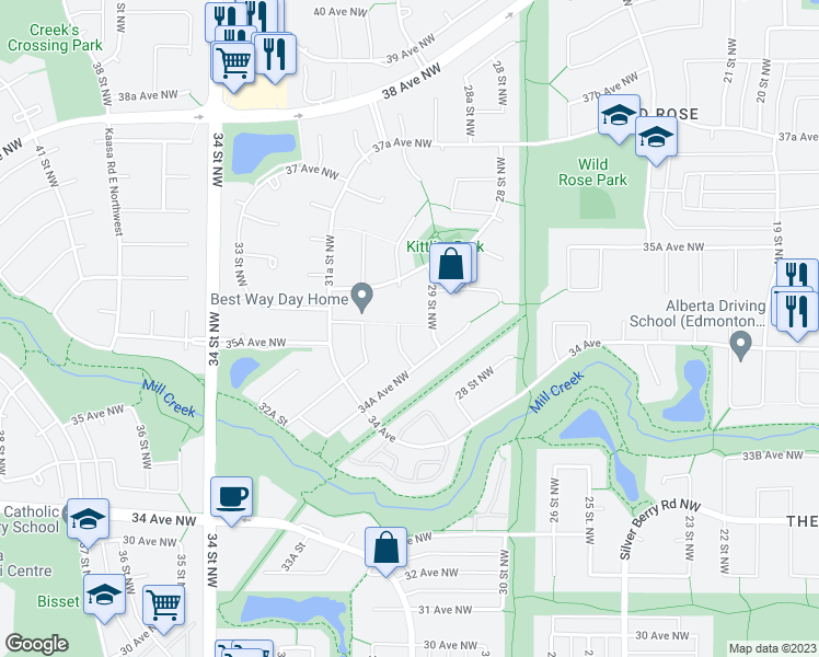 map of restaurants, bars, coffee shops, grocery stores, and more near 3475 30 Street Northwest in Edmonton