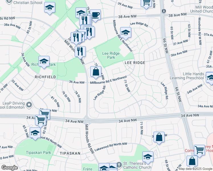map of restaurants, bars, coffee shops, grocery stores, and more near 163 Lee Ridge Road in Edmonton
