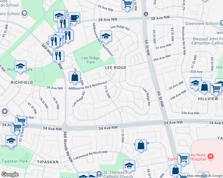 map of restaurants, bars, coffee shops, grocery stores, and more near in Edmonton