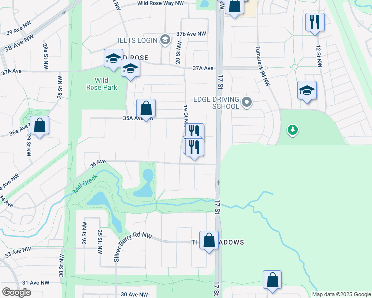 map of restaurants, bars, coffee shops, grocery stores, and more near 1820 34 Avenue Northwest in Edmonton