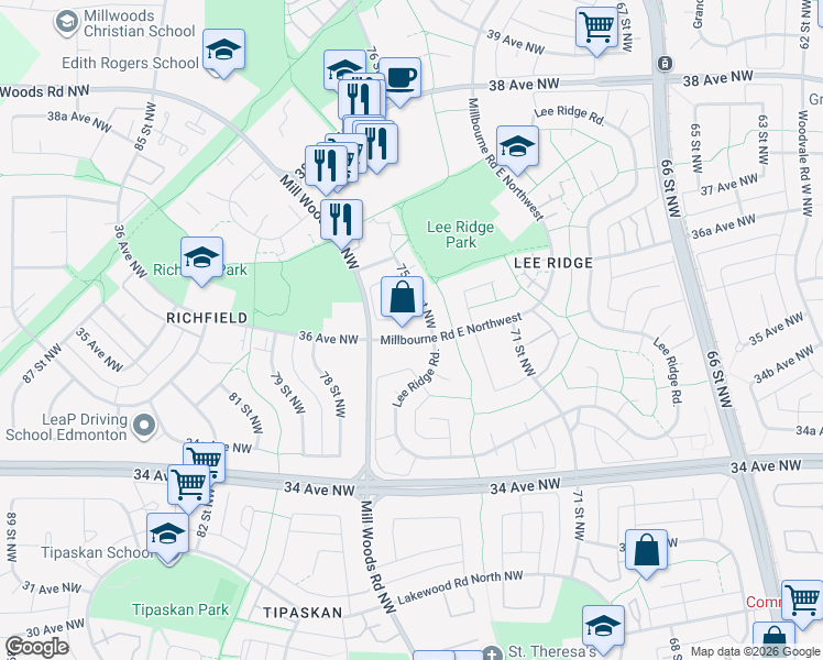 map of restaurants, bars, coffee shops, grocery stores, and more near 132 Millbourne Road East Northwest in Edmonton
