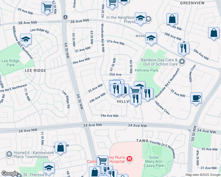 map of restaurants, bars, coffee shops, grocery stores, and more near 253 Woodvale Road West in Edmonton