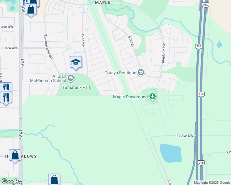 map of restaurants, bars, coffee shops, grocery stores, and more near 3457 11 Street Northwest in Edmonton