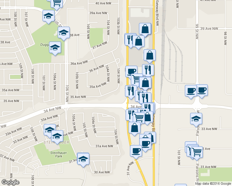 map of restaurants, bars, coffee shops, grocery stores, and more near 10417 35 Avenue Northwest in Edmonton