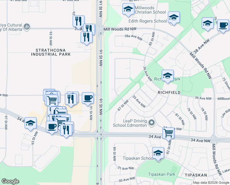 map of restaurants, bars, coffee shops, grocery stores, and more near 238 Richfield Road Northwest in Edmonton