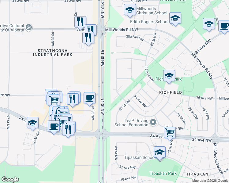 map of restaurants, bars, coffee shops, grocery stores, and more near 238 Richfield Road Northwest in Edmonton