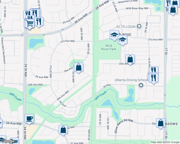 map of restaurants, bars, coffee shops, grocery stores, and more near 2820 36 Avenue Northwest in Edmonton