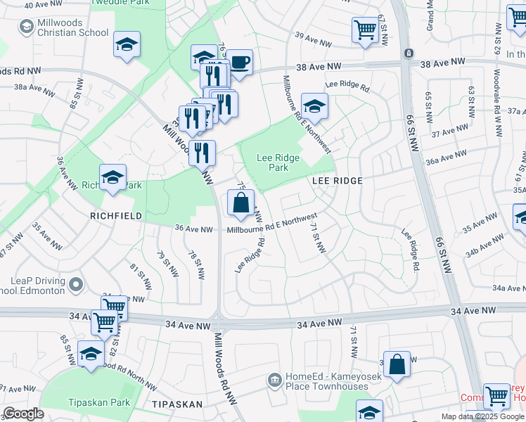 map of restaurants, bars, coffee shops, grocery stores, and more near 3615 75 Street Northwest in Edmonton