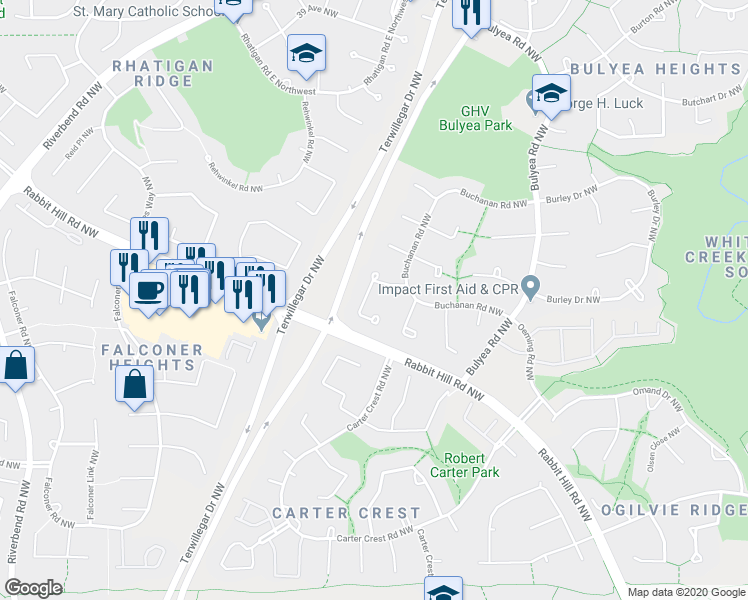 map of restaurants, bars, coffee shops, grocery stores, and more near 311 Buchanan Way Northwest in Edmonton