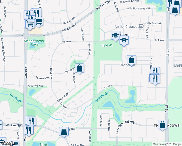 map of restaurants, bars, coffee shops, grocery stores, and more near 2820 36 Avenue Northwest in Edmonton