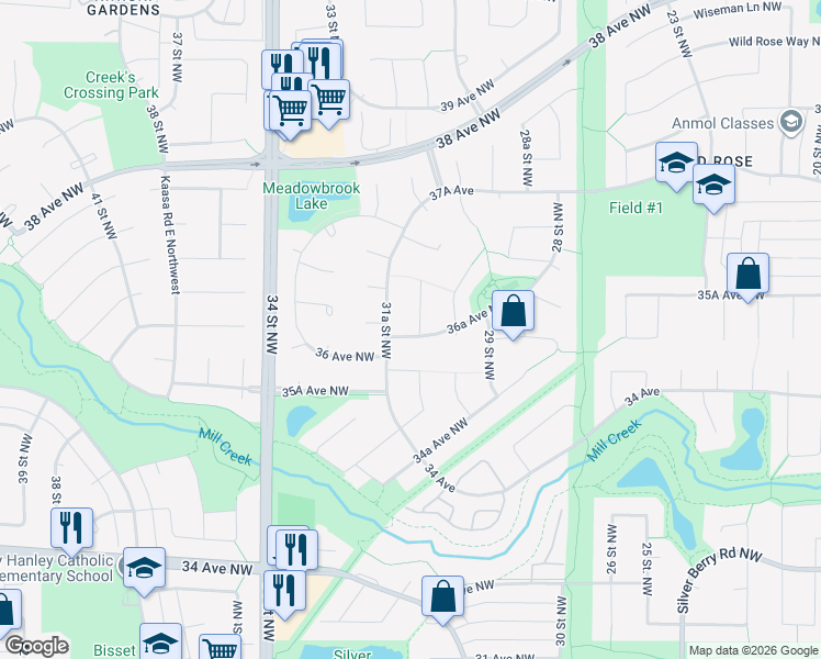 map of restaurants, bars, coffee shops, grocery stores, and more near 3620 31 Street Northwest in Edmonton