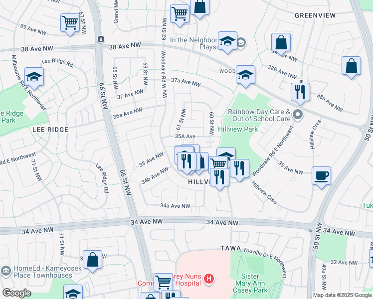map of restaurants, bars, coffee shops, grocery stores, and more near 6073 35A Avenue in Edmonton