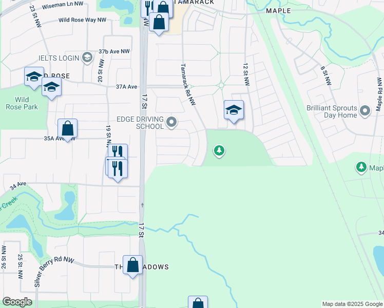 map of restaurants, bars, coffee shops, grocery stores, and more near 3475 15a Street Northwest in Edmonton