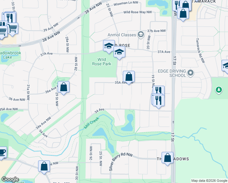 map of restaurants, bars, coffee shops, grocery stores, and more near 2305 35A Avenue Northwest in Edmonton