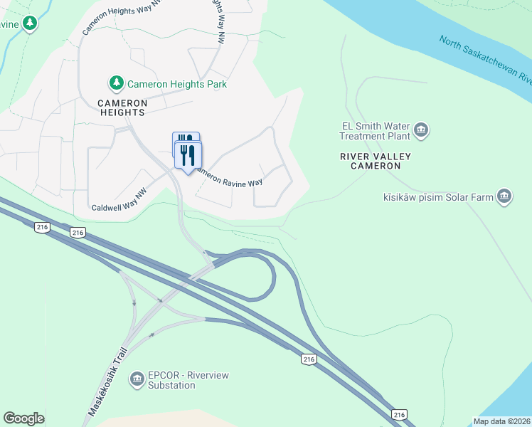 map of restaurants, bars, coffee shops, grocery stores, and more near 2536 Cameron Ravine Landing in Edmonton