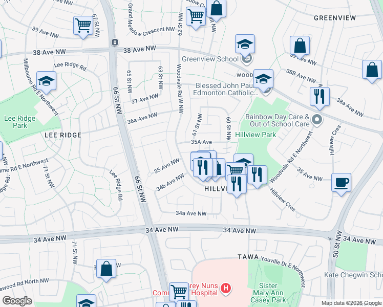 map of restaurants, bars, coffee shops, grocery stores, and more near 237 Woodvale Road West in Edmonton