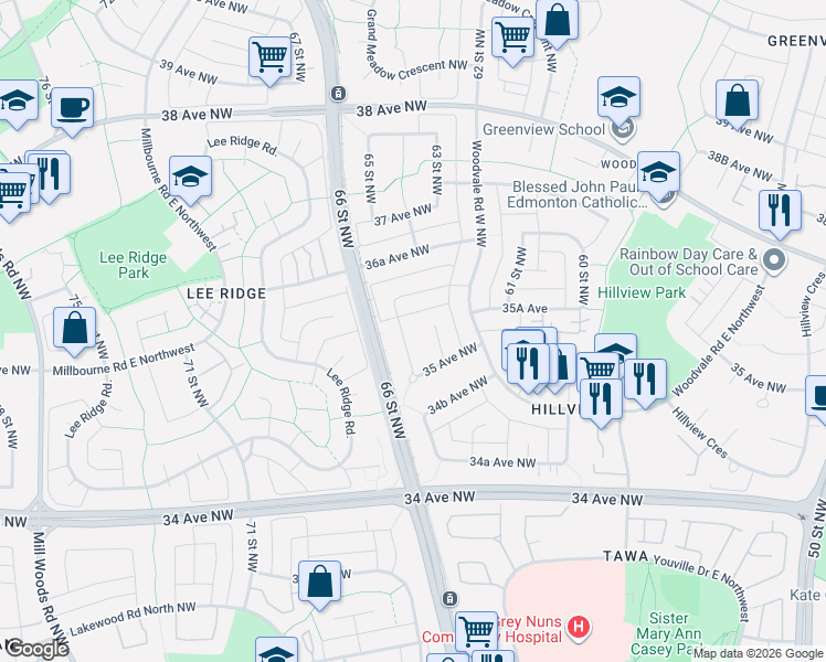 map of restaurants, bars, coffee shops, grocery stores, and more near 3531 65 Street Northwest in Edmonton