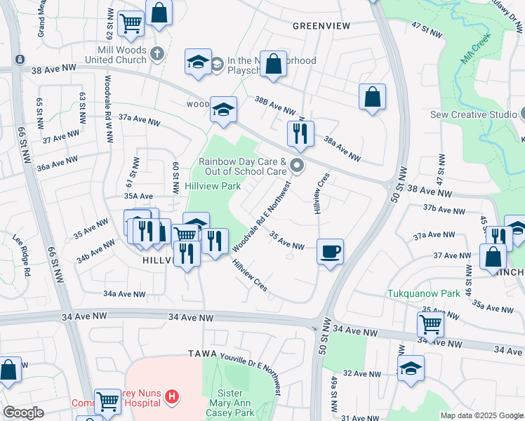 map of restaurants, bars, coffee shops, grocery stores, and more near 409 Woodvale Road East Northwest in Edmonton