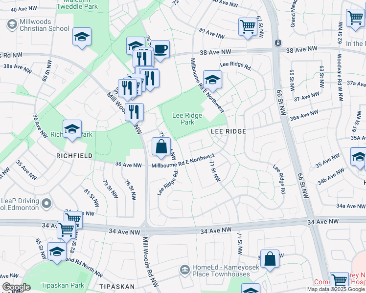 map of restaurants, bars, coffee shops, grocery stores, and more near 3615 75 Street Northwest in Edmonton