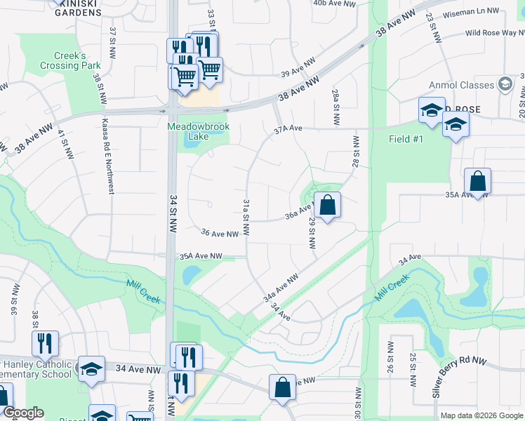 map of restaurants, bars, coffee shops, grocery stores, and more near 3620 31 Street Northwest in Edmonton