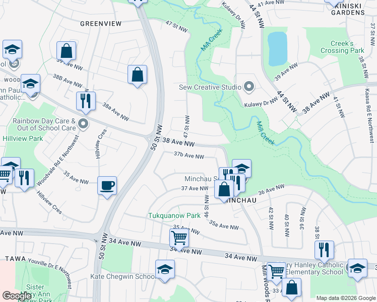 map of restaurants, bars, coffee shops, grocery stores, and more near 4620 37B Avenue Northwest in Edmonton