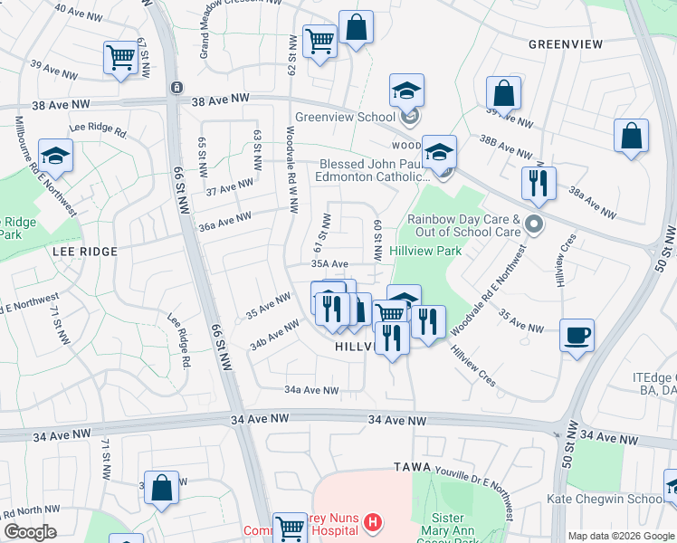 map of restaurants, bars, coffee shops, grocery stores, and more near 6063 35A Avenue in Edmonton