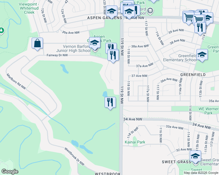 map of restaurants, bars, coffee shops, grocery stores, and more near 112 Ironwood Place Northwest in Edmonton
