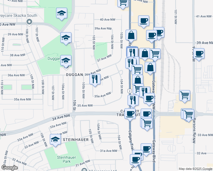 map of restaurants, bars, coffee shops, grocery stores, and more near 3527 105 Street Northwest in Edmonton