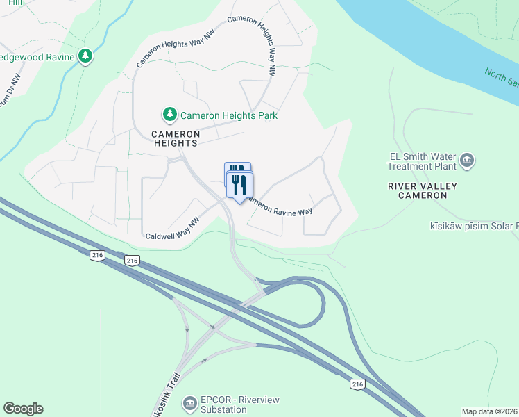 map of restaurants, bars, coffee shops, grocery stores, and more near 3 Cameron Ravine Way in Edmonton