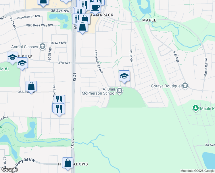map of restaurants, bars, coffee shops, grocery stores, and more near 608 Tamarack Road Northwest in Edmonton