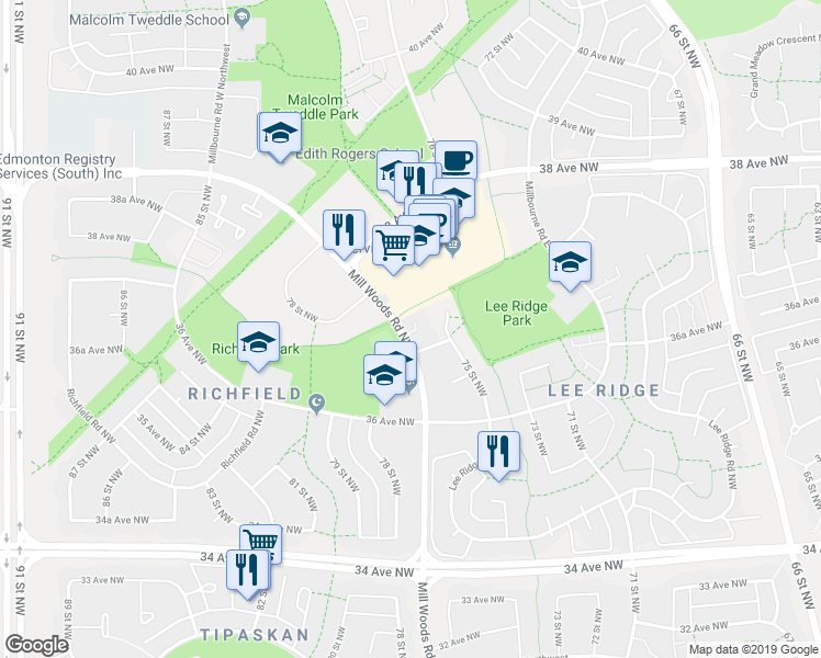 map of restaurants, bars, coffee shops, grocery stores, and more near 3693 Mill Woods Road Northwest in Edmonton