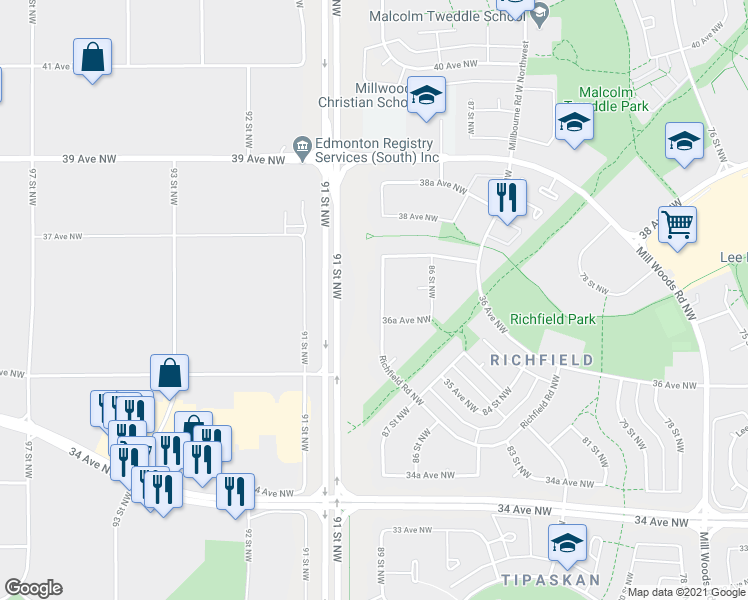 map of restaurants, bars, coffee shops, grocery stores, and more near 192 Richfield Road Northwest in Edmonton