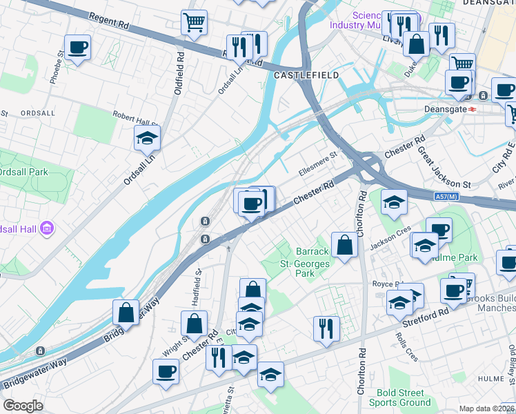 map of restaurants, bars, coffee shops, grocery stores, and more near 27 Ellesmere Street in Greater Manchester