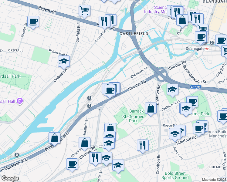 map of restaurants, bars, coffee shops, grocery stores, and more near 27 Ellesmere Street in Greater Manchester