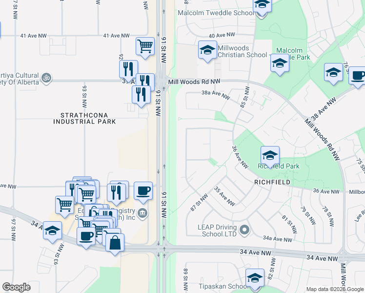 map of restaurants, bars, coffee shops, grocery stores, and more near 192 Richfield Road Northwest in Edmonton