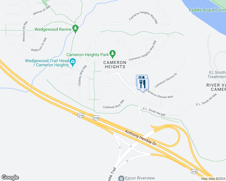 map of restaurants, bars, coffee shops, grocery stores, and more near 650 Cameron Heights Drive Northwest in Edmonton