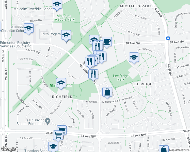 map of restaurants, bars, coffee shops, grocery stores, and more near 3693 Mill Woods Road Northwest in Edmonton