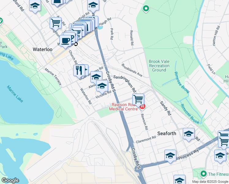 map of restaurants, bars, coffee shops, grocery stores, and more near Crosby Road South in Merseyside