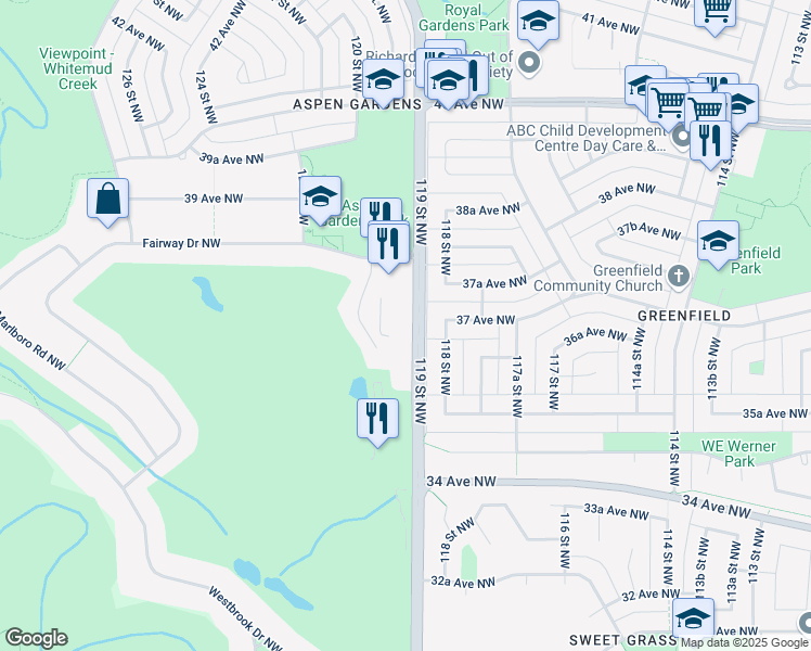 map of restaurants, bars, coffee shops, grocery stores, and more near 3624 119 Street Northwest in Edmonton