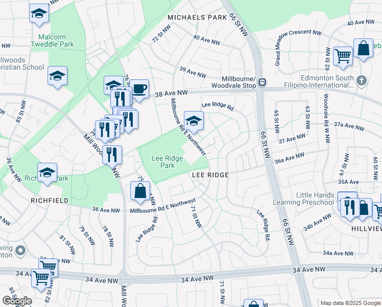 map of restaurants, bars, coffee shops, grocery stores, and more near 440 Millbourne Road East Northwest in Edmonton
