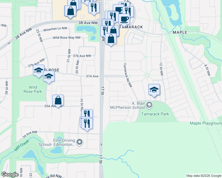 map of restaurants, bars, coffee shops, grocery stores, and more near 1542 36B Avenue Northwest in Edmonton