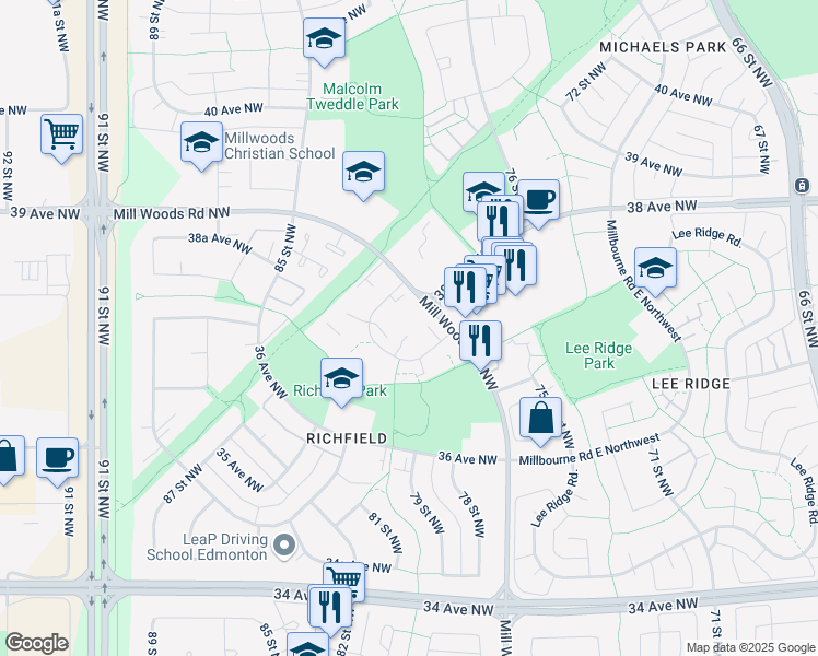 map of restaurants, bars, coffee shops, grocery stores, and more near in Edmonton