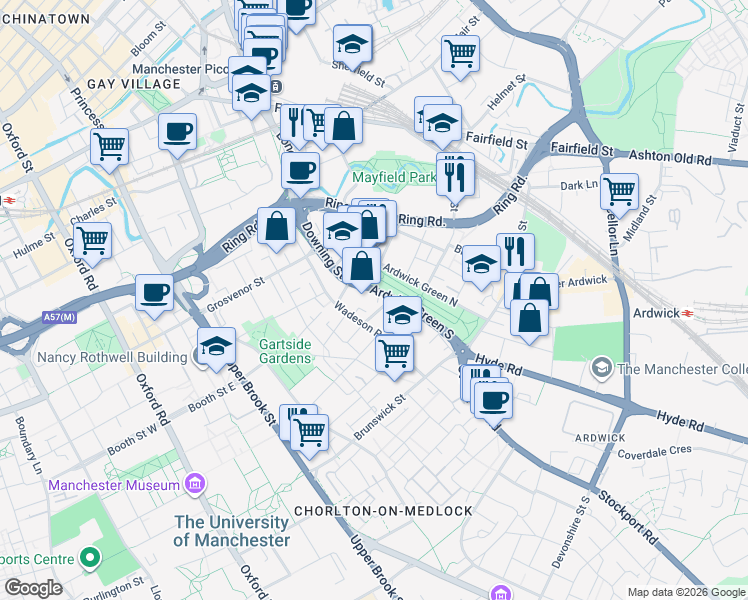 map of restaurants, bars, coffee shops, grocery stores, and more near Ardwick Green South in Greater Manchester