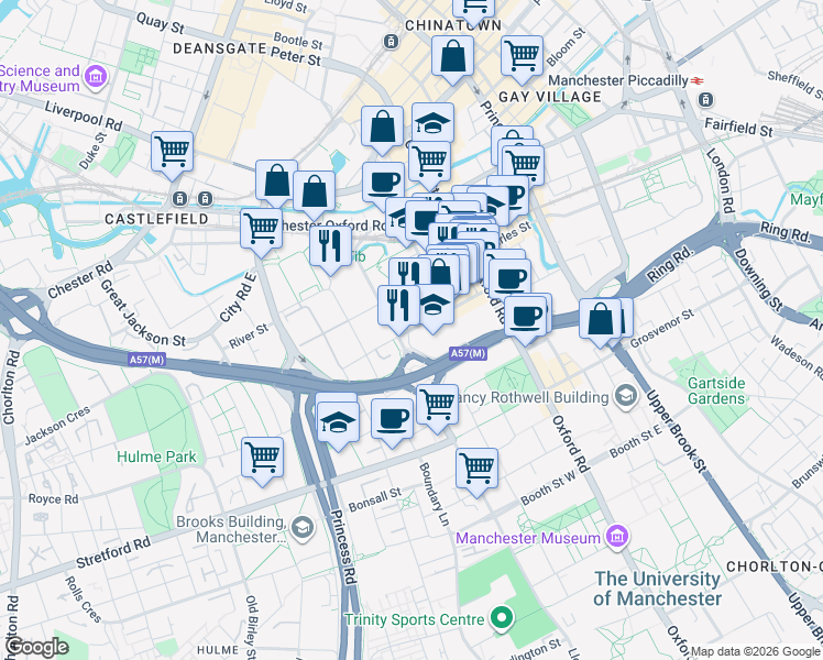 map of restaurants, bars, coffee shops, grocery stores, and more near Chester Street in Greater Manchester