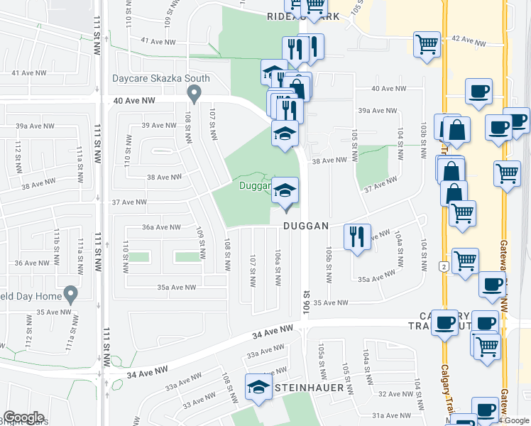 map of restaurants, bars, coffee shops, grocery stores, and more near 10606 36A Avenue Northwest in Edmonton