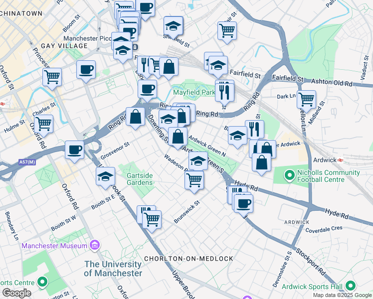 map of restaurants, bars, coffee shops, grocery stores, and more near Ardwick Green South in Greater Manchester