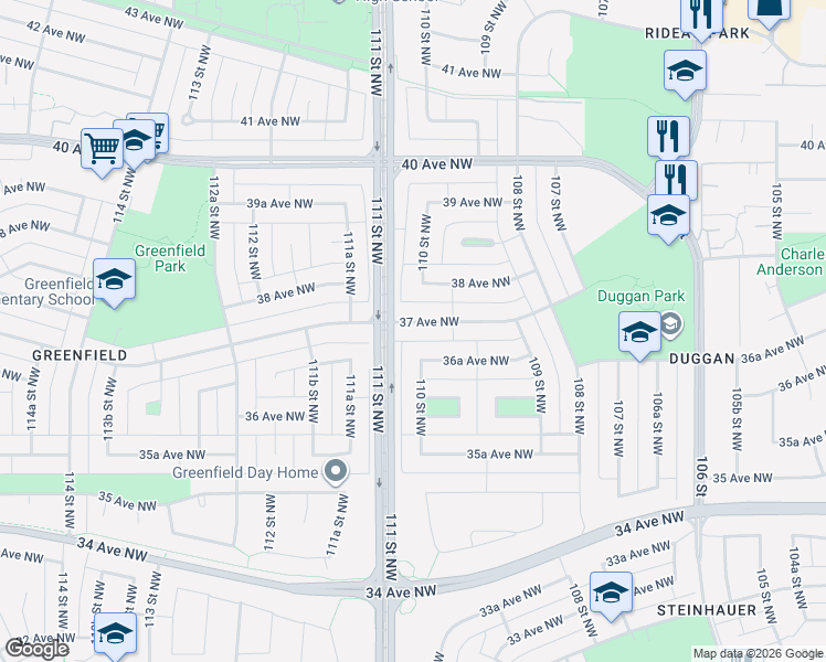 map of restaurants, bars, coffee shops, grocery stores, and more near 11007 37 Avenue Northwest in Edmonton