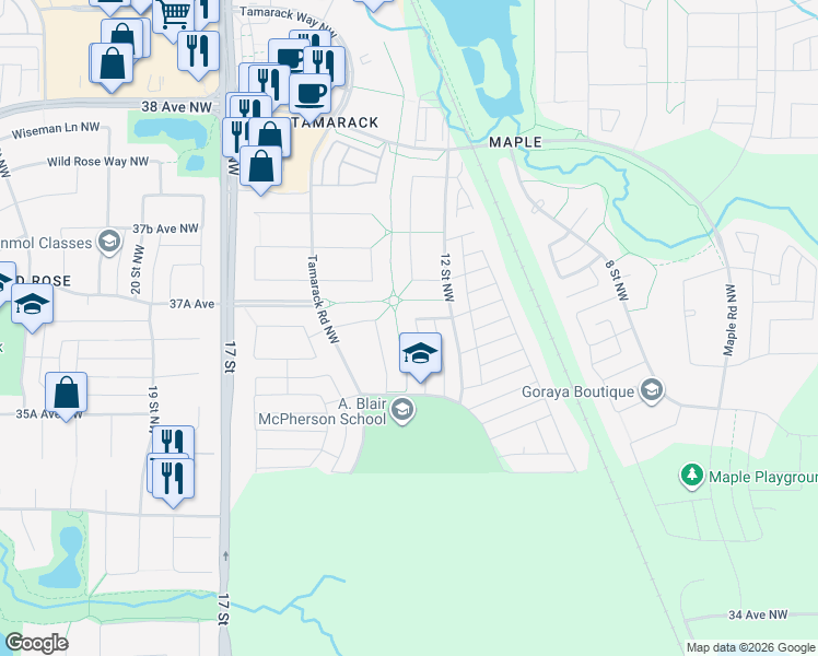 map of restaurants, bars, coffee shops, grocery stores, and more near 3655 13 Street Northwest in Edmonton
